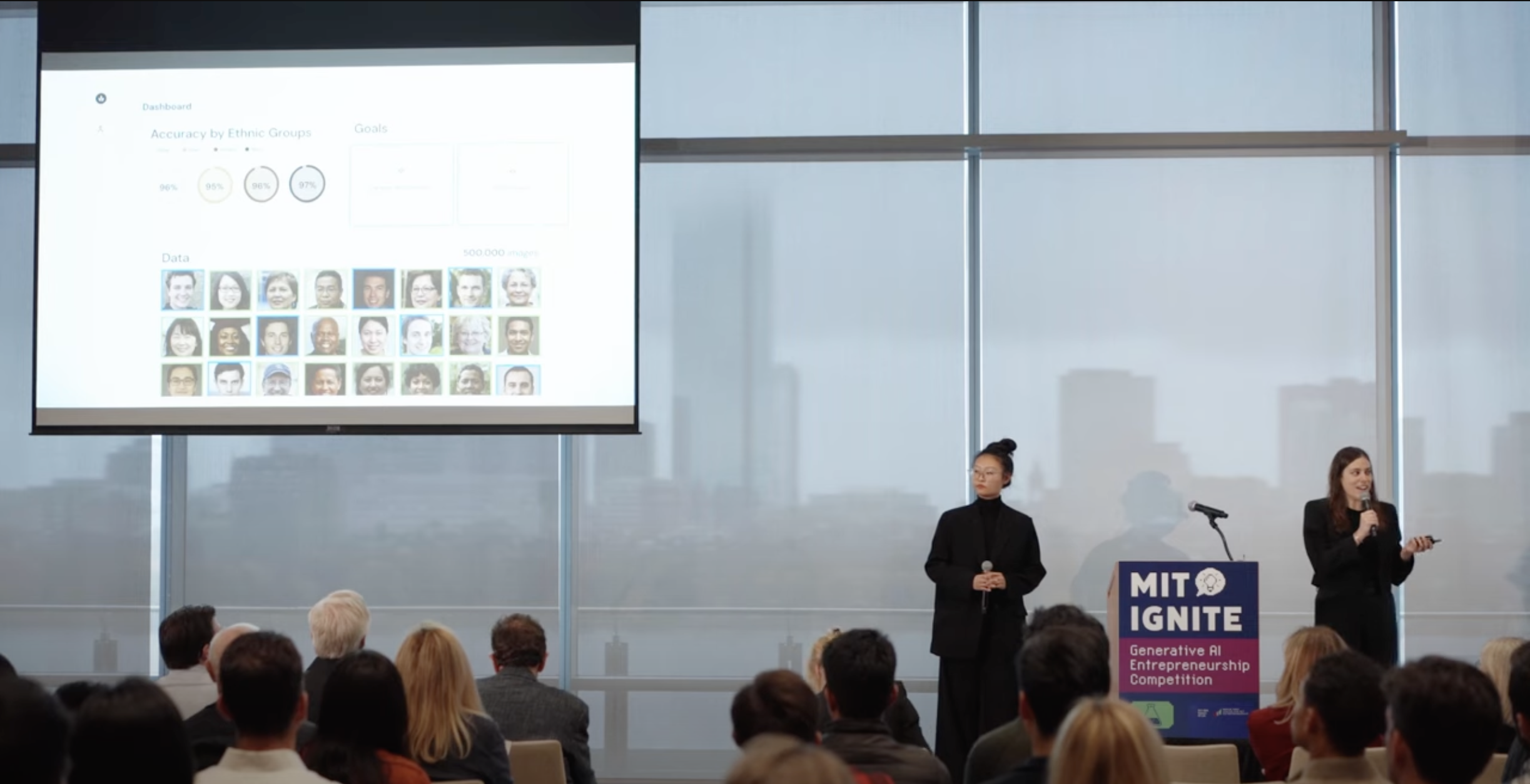 Katie and me onstage presenting our product idea