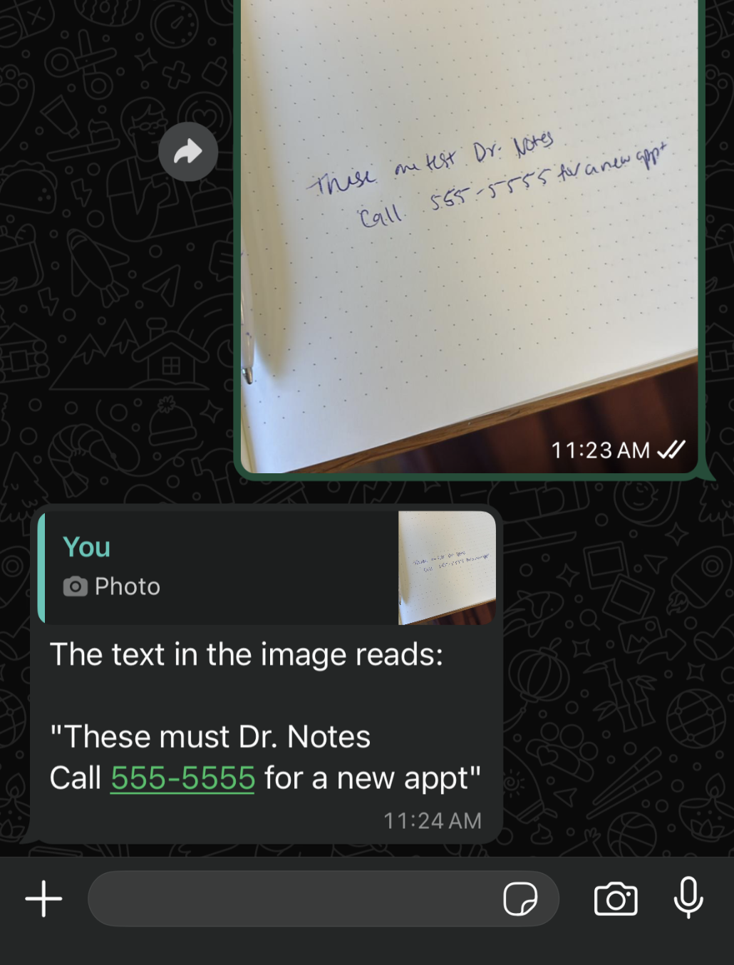 Texting a WhatsApp business number a photo of a piece of paper and it replies with the transcription. Texting a WhatsApp business number a photo of a piece of paper and it replies with the transcription.