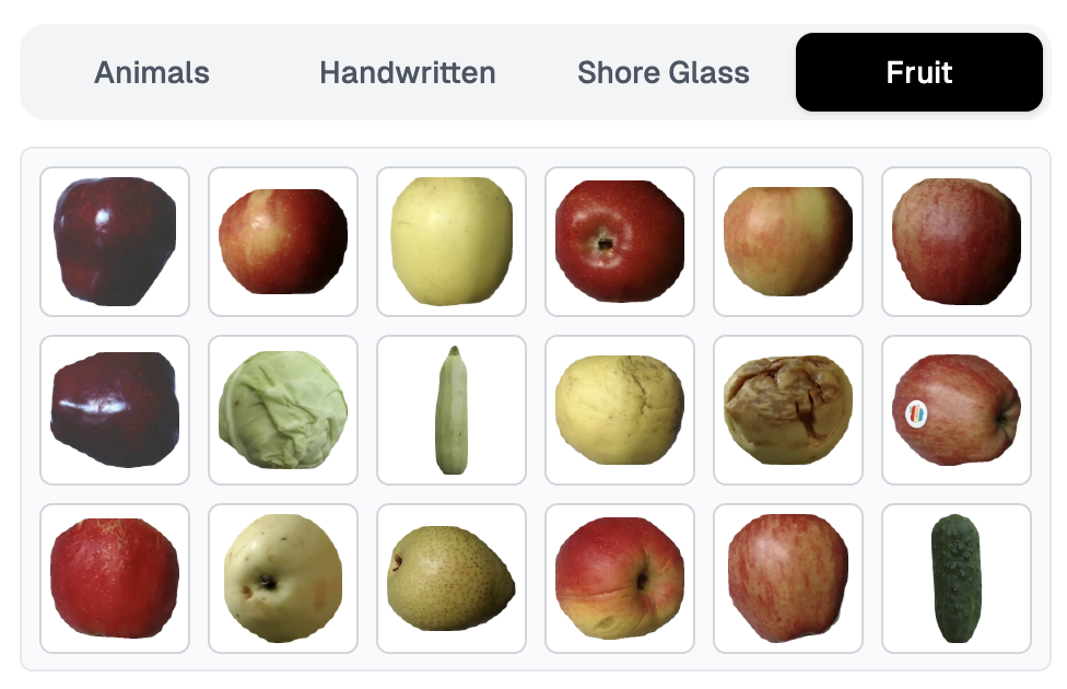 Library of fruit "patches" that make up the Christmas tree