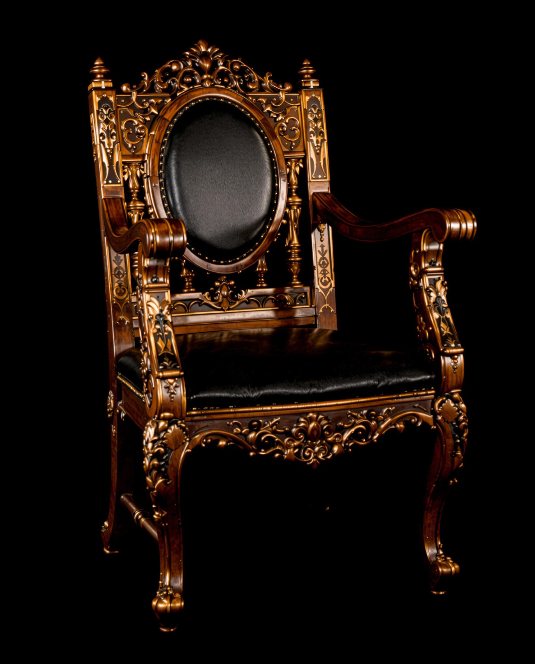 Created with Flux from the prompt "photograph of a fancy wooden chair, black background"