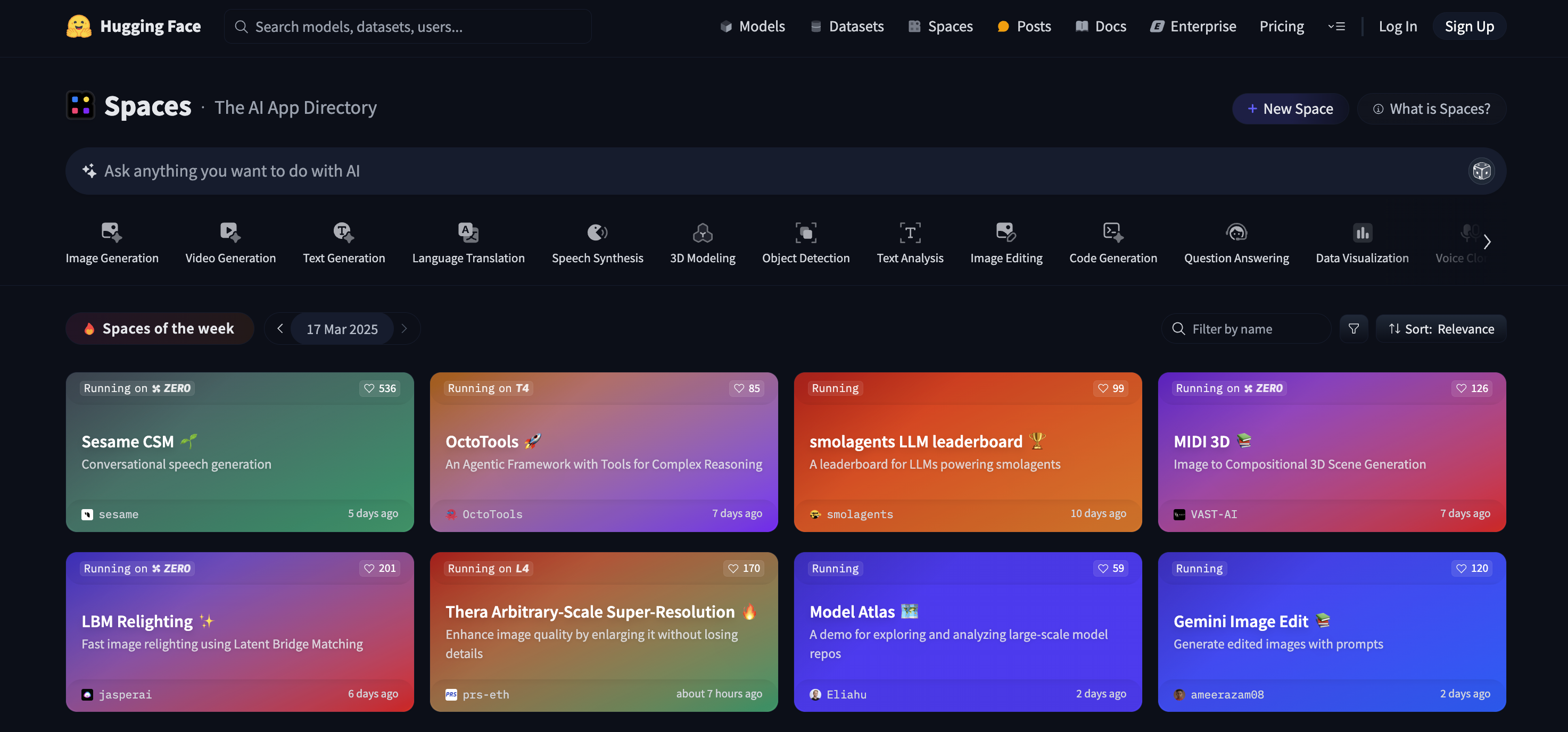 https://huggingface.co/spaces, where you can explore popular spaces and search for capabilities in natural language